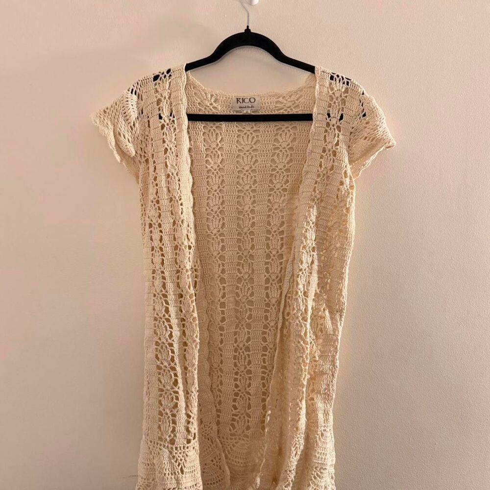 Rico Hand Knit short sleeve cream crochet long open cardigan with cap sleeves Si